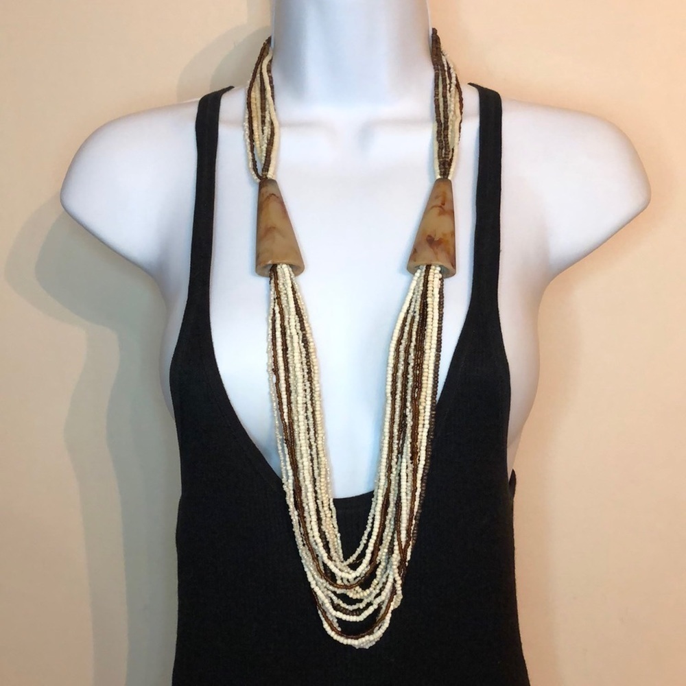 Vintage artisan seed beaded multi strand horn accents necklace statement.